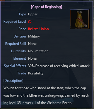 In-game tooltip: Cape of Beginning, required level 35, 30% decrease of receiving critical attack, tradeable